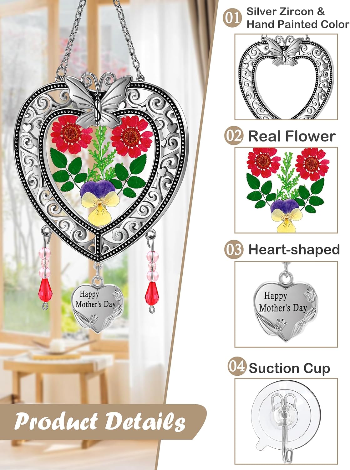 KY&BOSAM Suncatcher Happy Mother’s Day Stained Glass Tree of Life Heart Gifts Garden Ornament Wind Chimes for Windows Pressed Flower Between Heart in Glass Metal Engraved Charm as