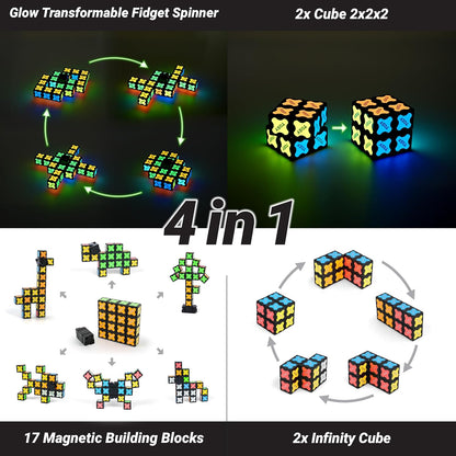 TOSY Magnet Fidget Spinner Glow - 16 Blocks, 3 in 1 Toy: Transformable Fidget Spinner, Infinity Cube, 2x2 Puzzle Cube, Glow, Stress Relief, STEM Magnet Tiles Birthday Gift for Kids/Boys/Girls/Adults