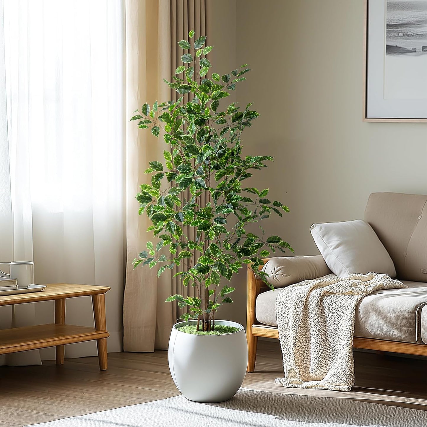 Artificial Ficus Tree Indoor 5ft, Large Potted Faux Tree with Realistic Silk Leaves & Trunk for Home Office, Living Room Corner Decor