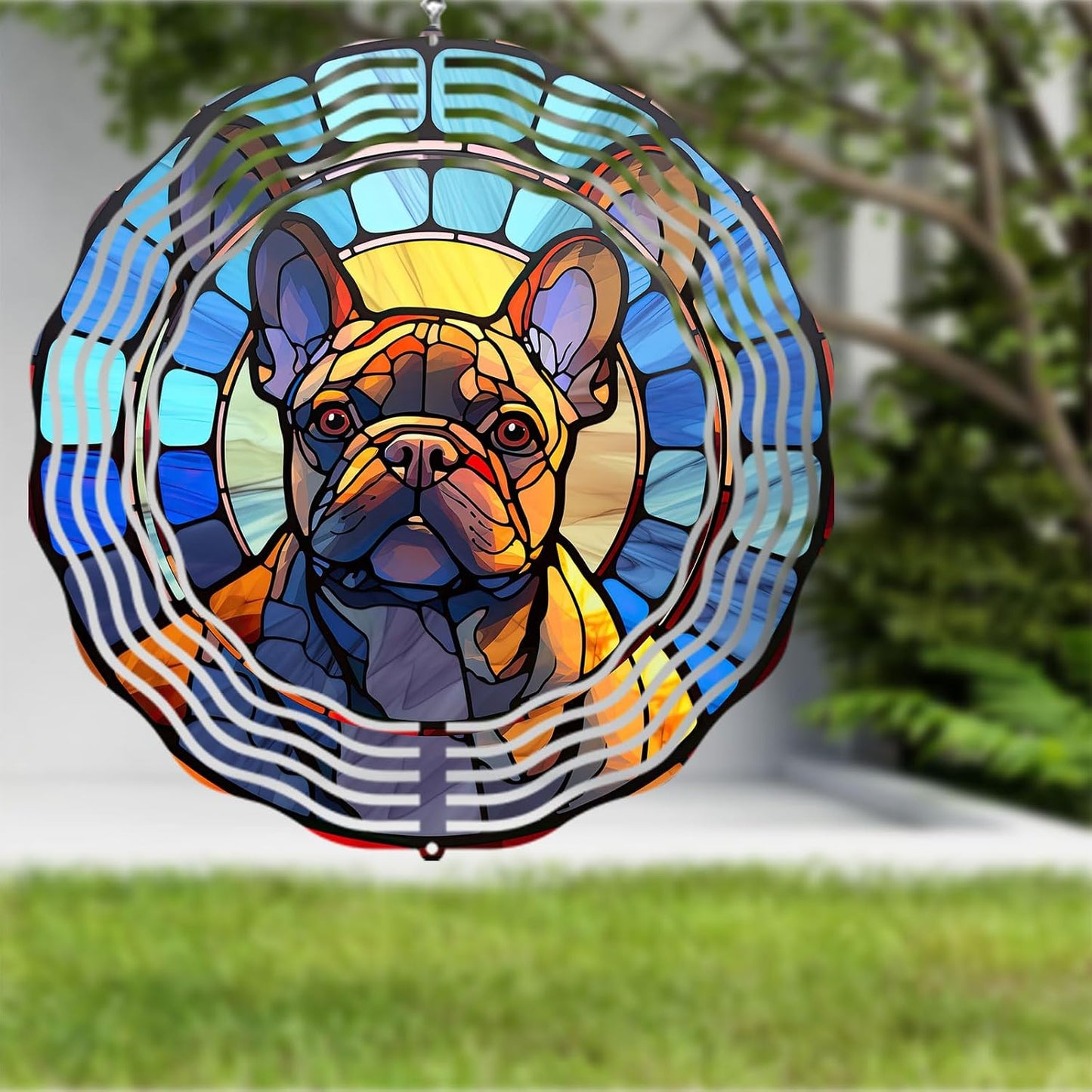 French Bulldog Wind Spinner Pet Dog Memorial Gifts 3D Aluminum Metal Kinetic Hanging Wind Sculpture Spinners for Yard and Garden Indoor Outdoor Window Garden Decoration 8 Inch (French Bulldog 1)