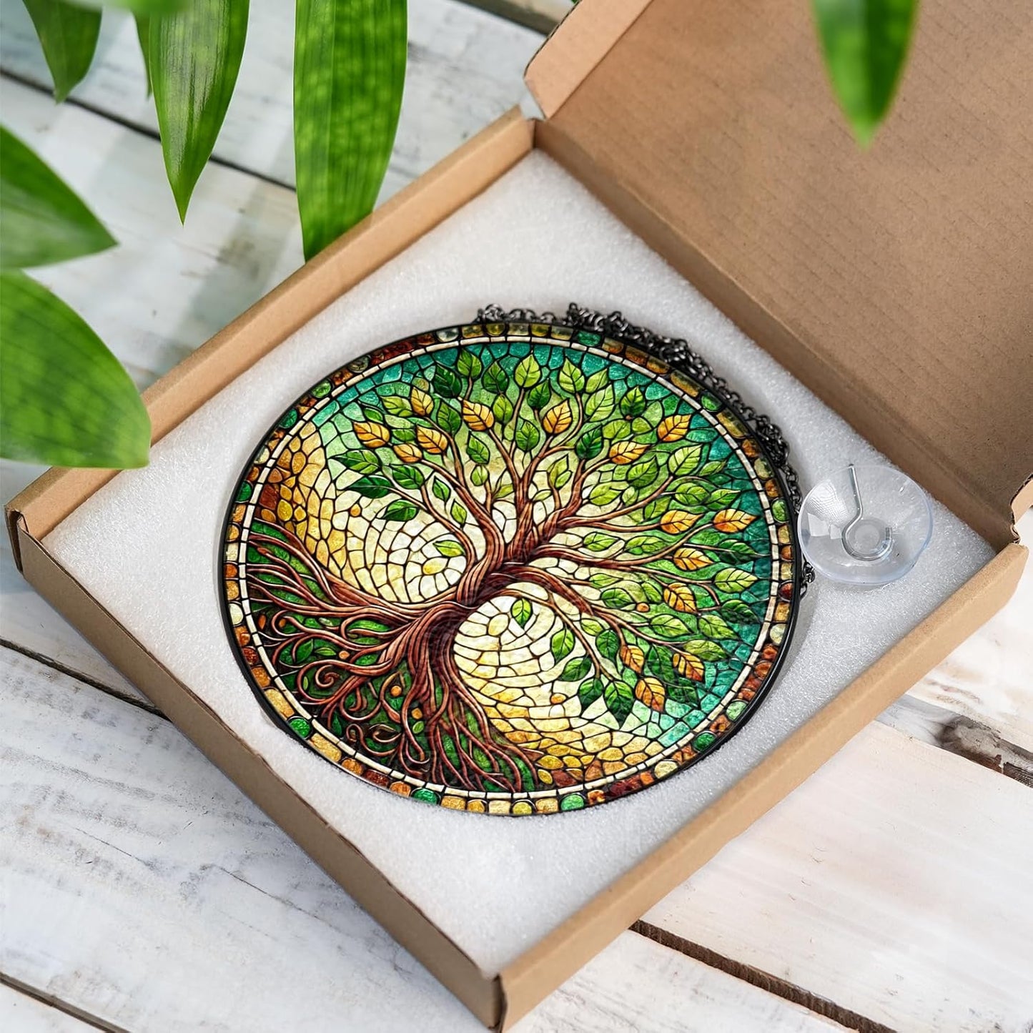 8" Tree of Life Stained Glass Suncatcher for Window, Handcrafted Boho Sun Catcher Decor, Spiritual Nature Ornament Gift for Women, Meditation Garden Home Office Wall Hanging Decoration