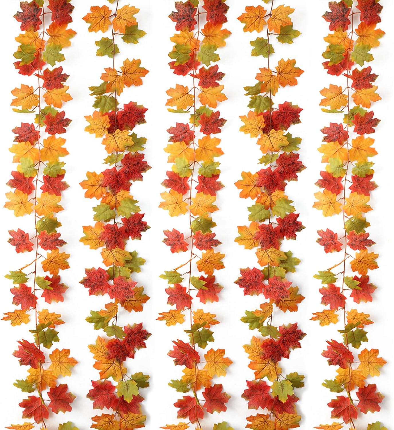 Mizii Fall Decor 5 Packs 390" Artificial Maples Vines Garland Fake Vine Fall Garland Silk Maple Leaves Faux Hanging Plants for Thanksgiving Porch Mantle Fireplace Farmhouse Harvest Decorations (Maple)