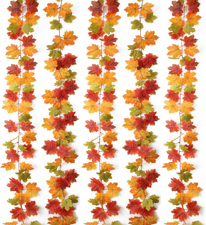 Mizii Fall Decor 5 Packs 390" Artificial Maples Vines Garland Fake Vine Fall Garland Silk Maple Leaves Faux Hanging Plants for Thanksgiving Porch Mantle Fireplace Farmhouse Harvest Decorations (Maple)