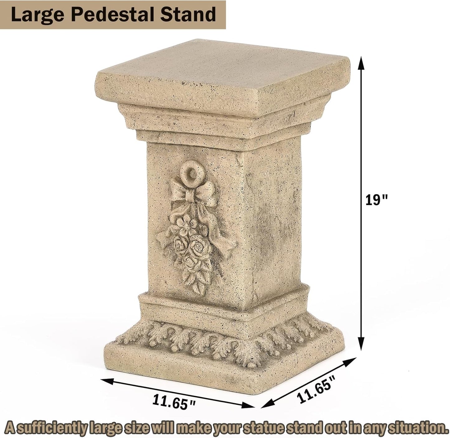 19" Tall Garden Pedestal Stand with Bow Design, Heavy Duty Plinth, Weatherproof Outdoor Pedestal for Sculptures, Flower Pots, or Use as Side Table - Durable Magnesium Oxide Material