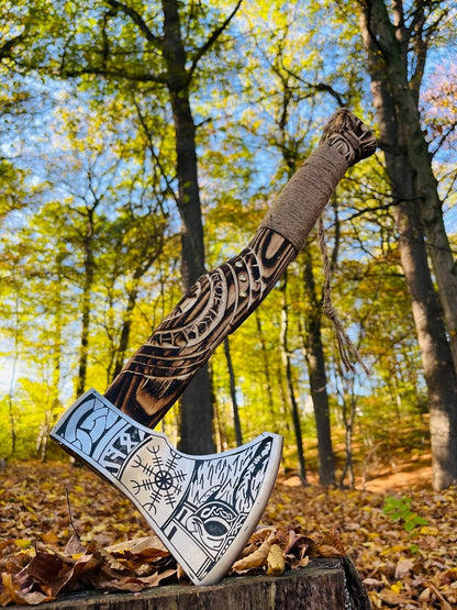 Hand Forged Viking Axe – Carbon Steel Blade with Ash Wood Handle and Leather Sheath, Camping, Hunting, Outdoor Hatchet Valhalla Ax, Medieval Axe, Authentic Norse Axe, Historical Gift for Men