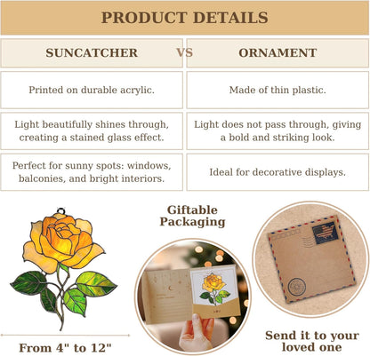 Rose Flower Acrylic Suncatcher Stained Glass Effect Window Car Hanging Christmas Ornament Indoor Outdoor Decor Garden Sun Catcher Panel Gifts for Flower Lover for Women Mom Grandma