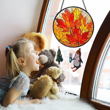 TNUW Fall Leaf Stained Glass Window Hanging, Rustic Autumn Maple Leaves Sun Catchers Indoor Window Glass Round Wall Art Decor, Fall Autumn Wall Hanging Decorations, 7.9＂x7.9＂