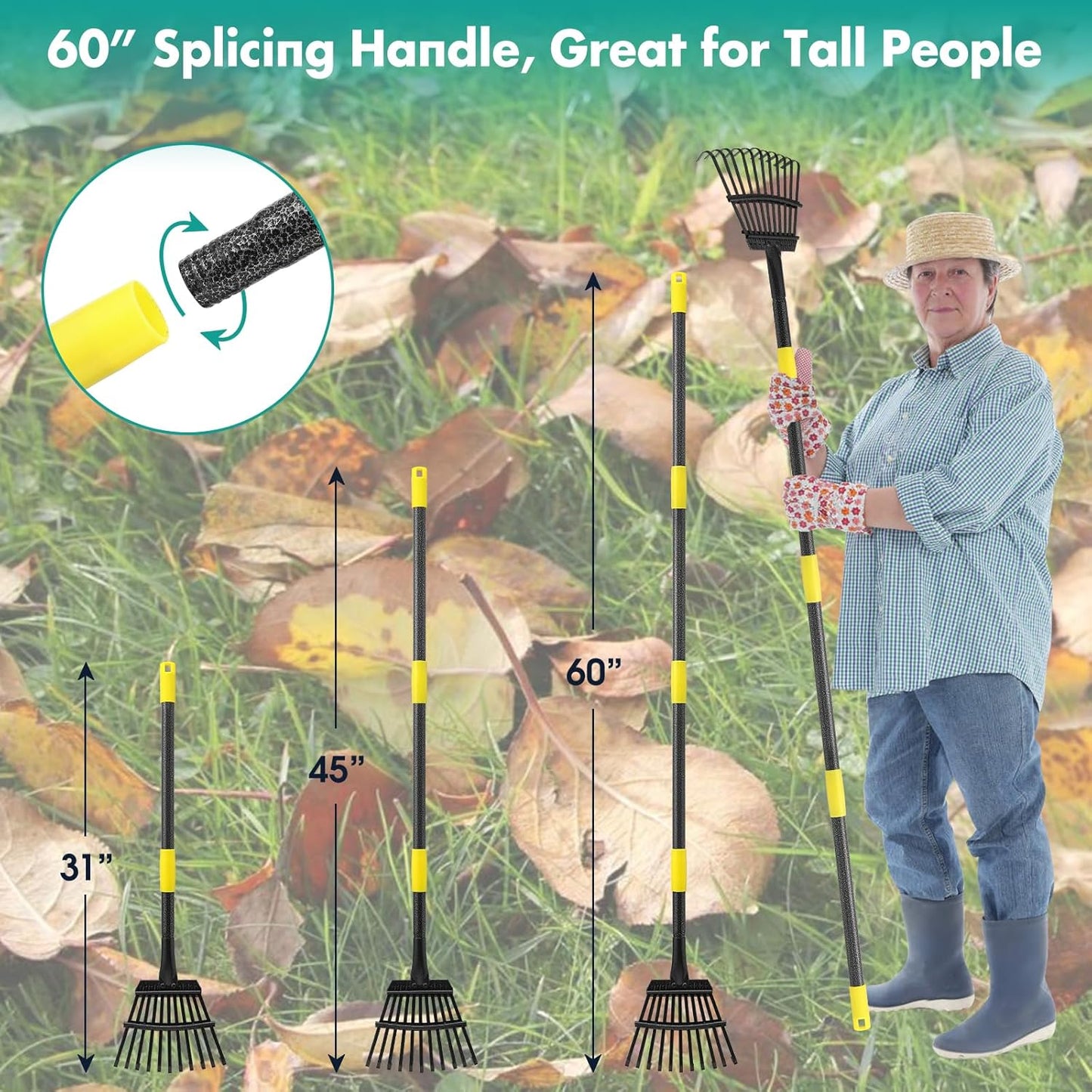 Rake, 60 Inch Long, 11 Tines Small Metal Garden Rake for Leaves, Heavy Duty 9 Inch Wide Rakes for Lawns, Yard Leaf Rakes for Gardening , Flower Beds, Shrub, Kid