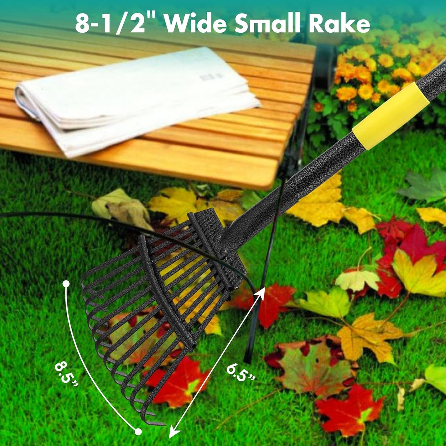 Rake, 73 Inch Long, 11 Tines Small Metal Garden Rake for Leaves, Heavy Duty 9 Inch Wide Rakes for Lawns, Yard Leaf Rakes for Gardening , Flower Beds, Shrub, Kids