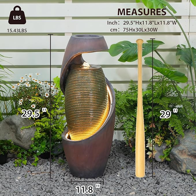 29.5’’H Modern Outdoor Fountain - Curved Spiral Waterfall Indoor/Outdoor with LED Light & Planter Bowl, Resin Garden Fountains for Patio, Yard, Backyard, Porch, Home Art Decor, 11.8" L x 11.8" W