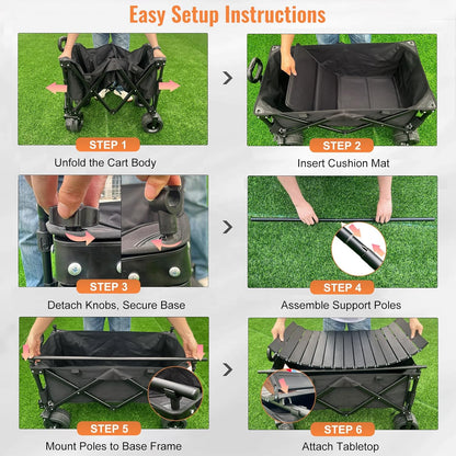 Collapsible Foldable Wagon Cart with Big Wheels and Tabletop, Large Capacity 440Lbs Folding Utility Wagon Carts for Sand, Beach, Camping, Shopping, Sport (Black)