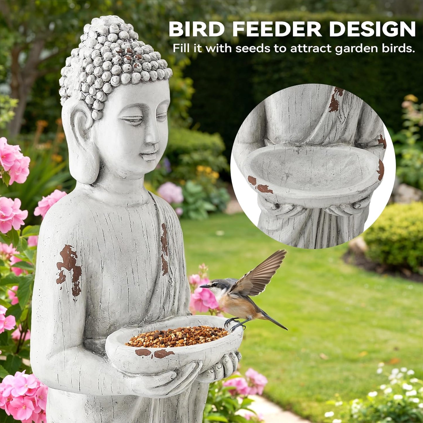 Zen Garden Asian Buddha Statue, 42.1" Large Outdoor Yard Sculpture,Durable Magnesium Oxide Stone Decor for Patio, Yard,Indoor Spaces, Antique White