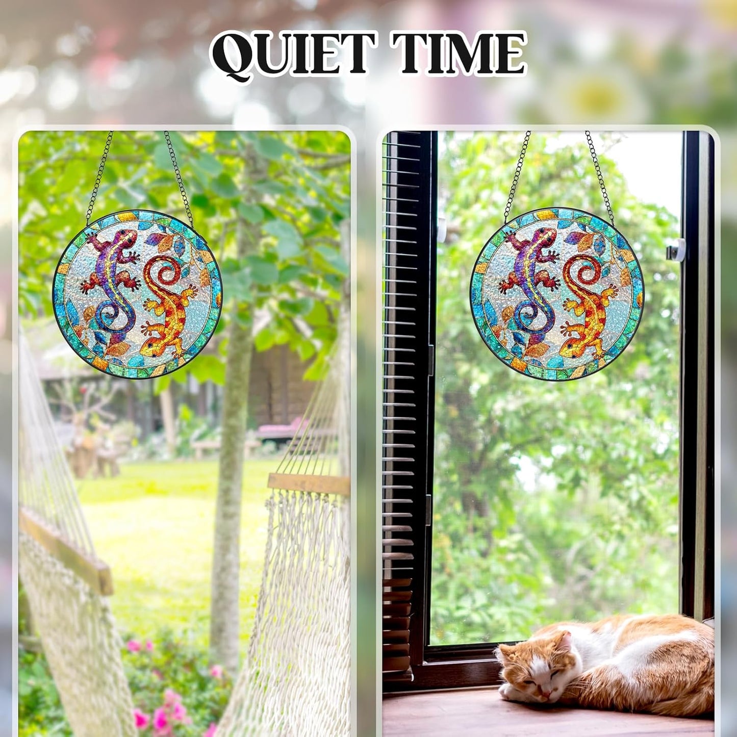 Stained Glass Window Hanging - Gecko Sun Catchers Colorful Glass Panel Suncatcher Indoor Decor Window, Housewarming Birthday Gifts for Women, Wife, and Mom - 6.3 inch