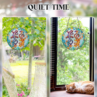 Stained Glass Window Hanging - Gecko Sun Catchers Colorful Glass Panel Suncatcher Indoor Decor Window, Housewarming Birthday Gifts for Women, Wife, and Mom - 6.3 inch