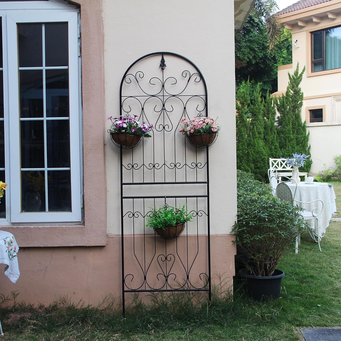 SCENDOR Metal Trellis 82.7" H x 26.7" W Tall Powder-Coated Black Garden Trellis Wrought Iron Heavy Scroll Metal Decoration Lawn Patio for Rose Clematis Ivy Weather Resistant Garden Addition 1 Pack