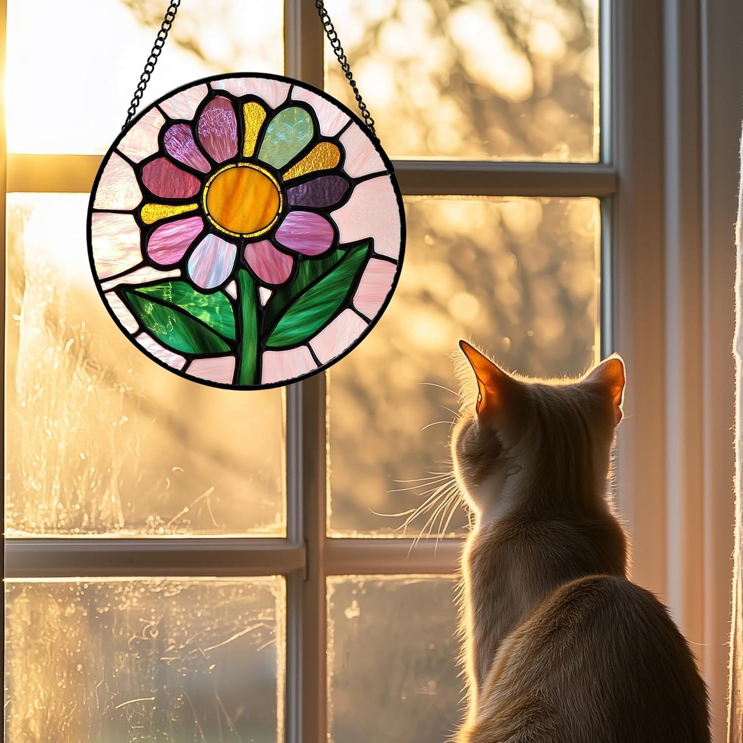 Stained Glass Window Hanging 4 Pcs Set Pink Floral Theme 6.3" - Flowers Suncatcher Door Garden Sun Catcher Decor Birthday Christmas for Mom Woman Nana Men Friend
