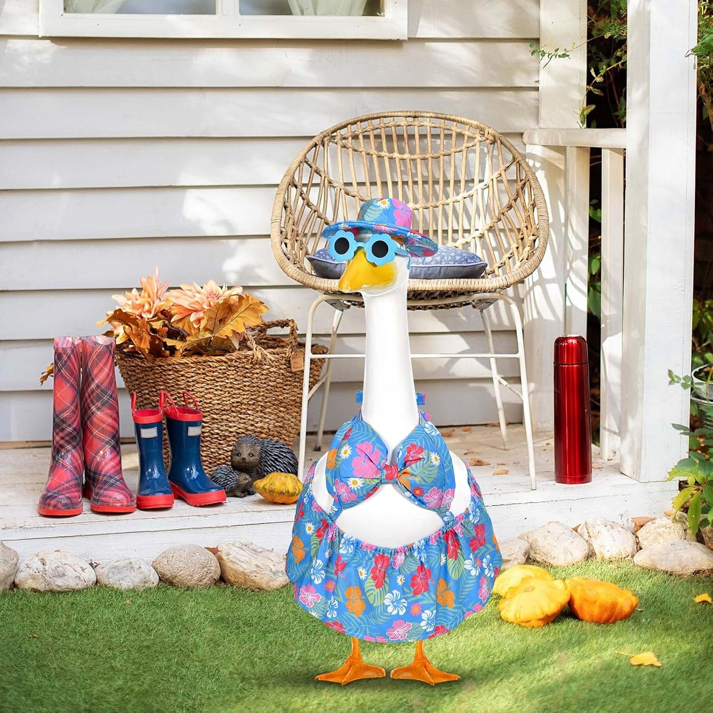 Summer Goose Outfit Porch Goose Outfits Bikini Goose Clothes Hawaiian Porch Goose Clothes for 23" Cement Plastic Goose Outdoor Garden Yard Patio Decor (Blue)