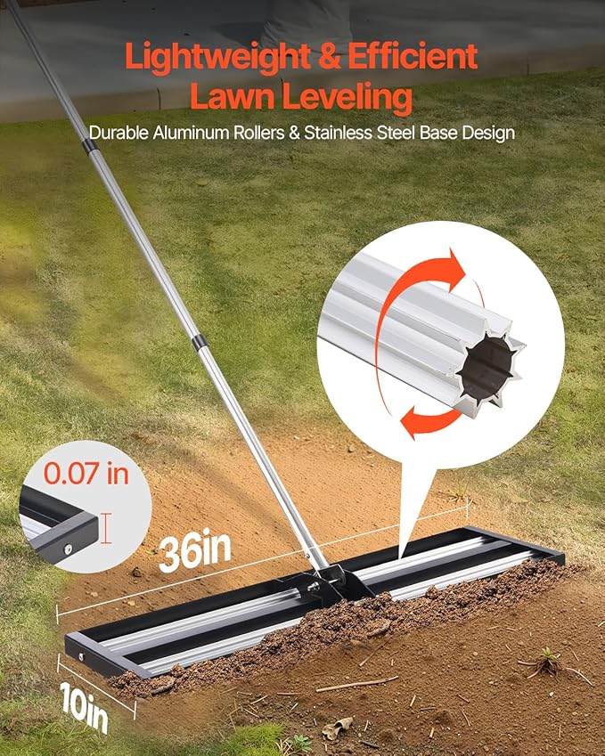 VEVOR Updated Lawn Leveling Rake with Roller, 36'' x 10" Stainless Steel Lawn Leveler with 83.9'' Adjustable Handle, Heavy Duty Yard Leveling Rake, Effort Saving Lawn Leveling Tool for Yard Golf Court