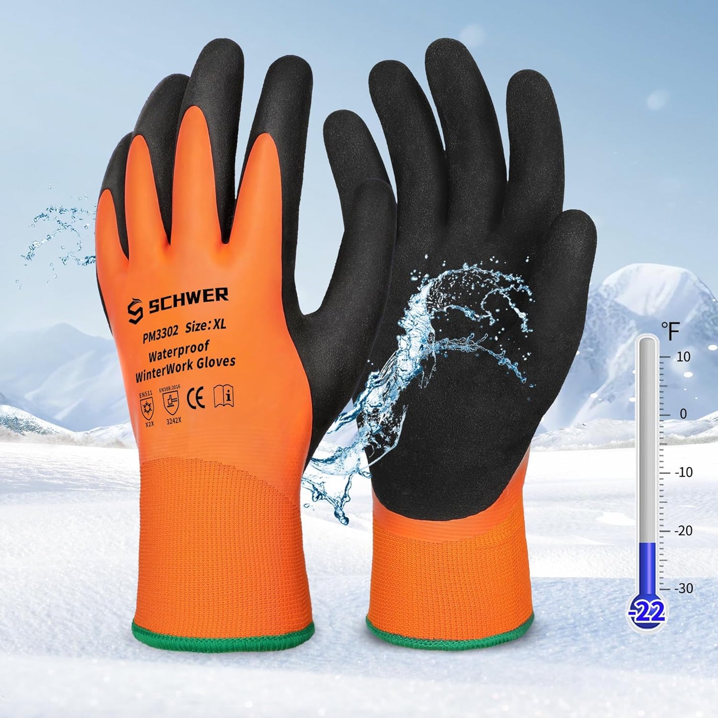 Schwer 100 Pairs Waterproof Winter Work Gloves, ANSI A2 Cut Resistant Freezer Gloves for Outdoor Cold Weather Keep Hands Warm, Thermal Insulated Gloves for Shoveling Snow, Ice Fishing, Super Grip, XL