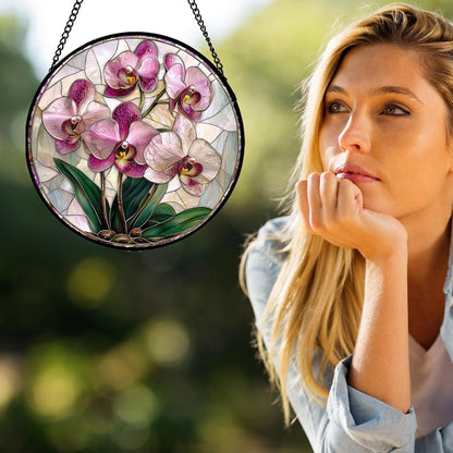 Stained Glass Window Hanging - Pink Purple Phalaenopsis Flowers Sun Catcher for Door Home Decor Plant Suncatcher Christmas Mother's Day Birthday Gifts for Women Men Mom Nana 11.8 in