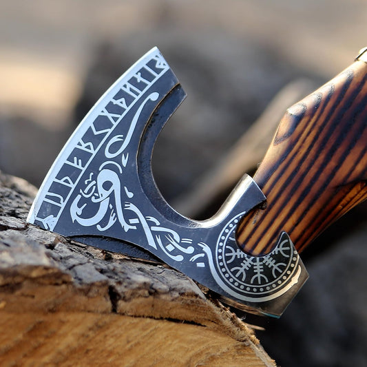 SHINY CRAFTS® Handcrafted Decorative Viking Axe with Leather-Wrapped Handle & Sheath – Engraved Blade – Ceremonial Collectible Gift for Men, Warriors, History Buffs, Cosplay & Display (VBA-06)