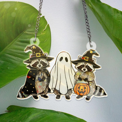 Halloween Sun Catcher for Window Hanging Raccoon Ghost Designs Acrylic Suncatcher Decor for Wall Home, Garden, Housewarming Women Neighbor Party Spooky Gifts7.87inch