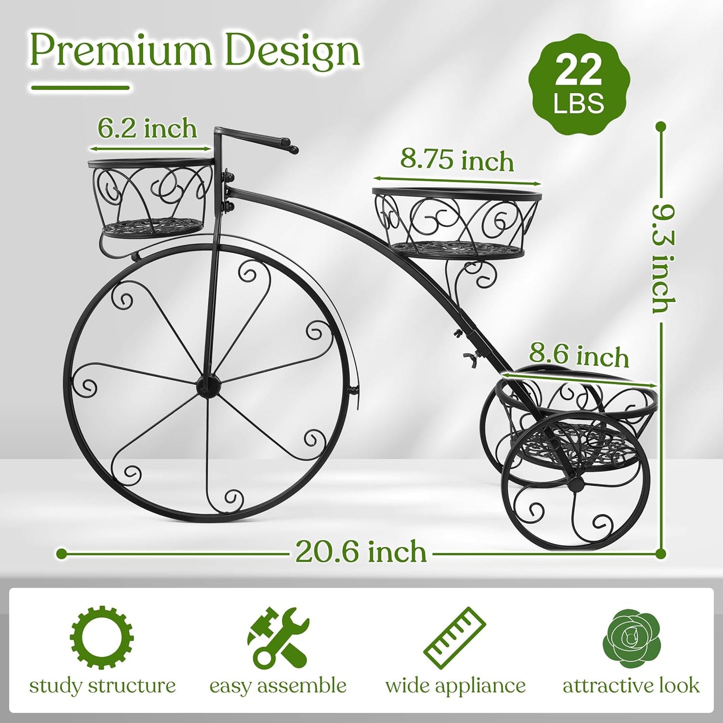 Sorbus Tricycle Plant Stand - Flower Pot Cart Holder - Ideal for Home, Garden, Patio - Great Gift for Plant Lovers, Housewarming, Mother’s Day - Parisian Style (Black)