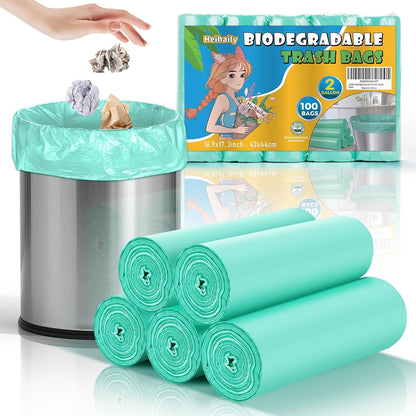 2 Gallon Mini Green Trash Bag - Small Garbage Bags For Bathroom Can 100 Count 7.5 Liter Unscented Compostable Biodegradable Tiny Little Waste Basket Liners Kitchen Car Office Strong Thick Heihaily