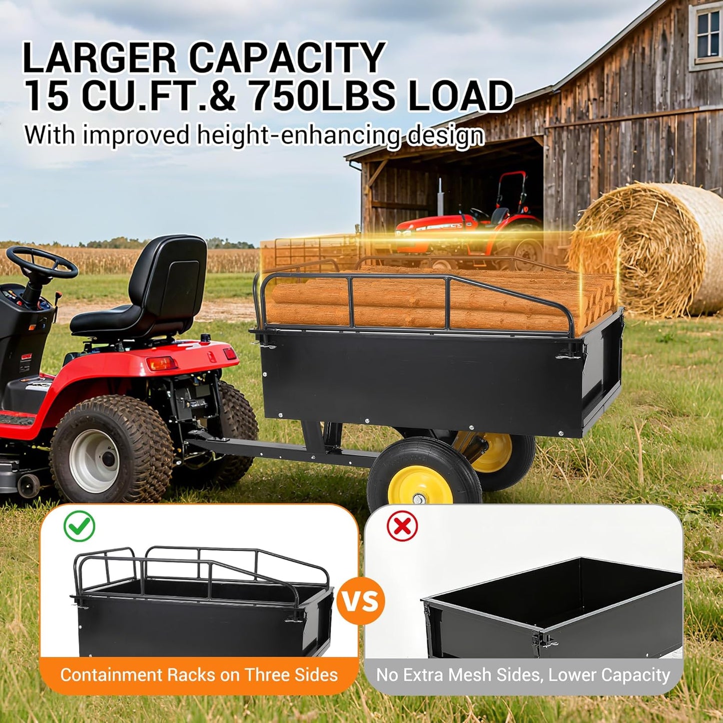 500LBS Heavy Duty Tow Behind ATV Trailer, Steel Dump Cart, Garden Utility Trailer with Removable Tailgate for Riding Lawn Mower Tractor, Black