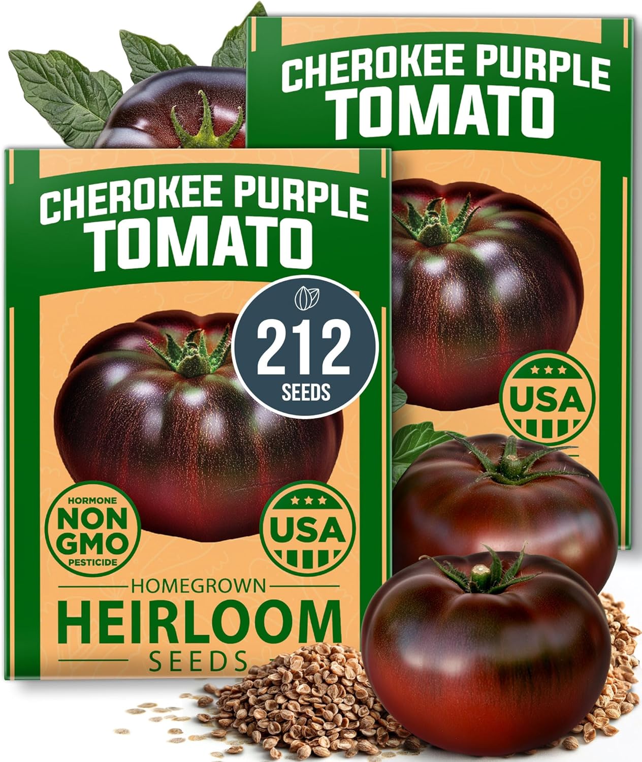 HOME GROWN Cherokee Purple Tomato Seeds 2 Pack (Solanum lycopersicum) - 212 Seeds, 𝗡𝗢𝗡-𝗚𝗠𝗢 𝗨𝗦𝗔-𝗦𝗢𝗨𝗥𝗖𝗘𝗗 Tomato for Planting - Heirloom Vegetable Seeds with High Germination Rate