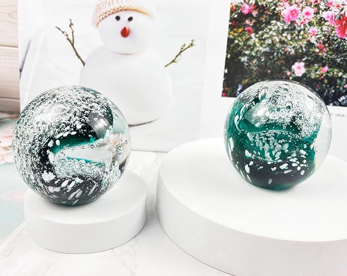 Decorative Crystal Ball Figurines Ocean Waves Paperweight Blown Glass Decor Sea Art Ocean Lovers Gift Green White 3.15"
