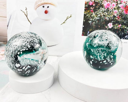 Decorative Crystal Ball Figurines Ocean Waves Paperweight Blown Glass Decor Sea Art Ocean Lovers Gift Green White 3.15"