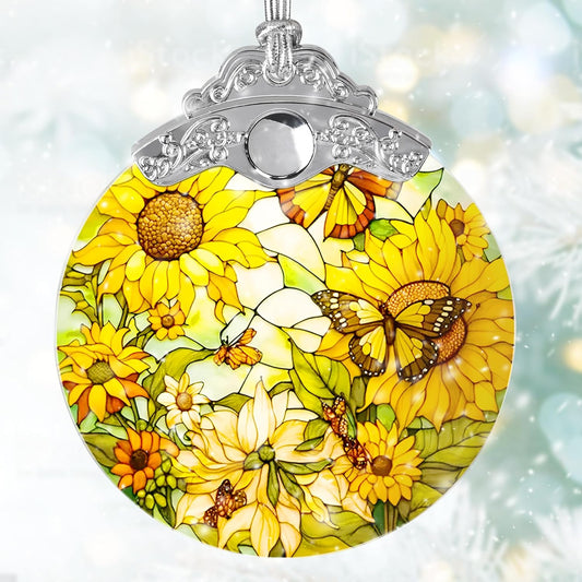 Stained Glass Suncatcher, Jocidea Sunflower and Butterfly Decor, Christmas Ornament, Holidays