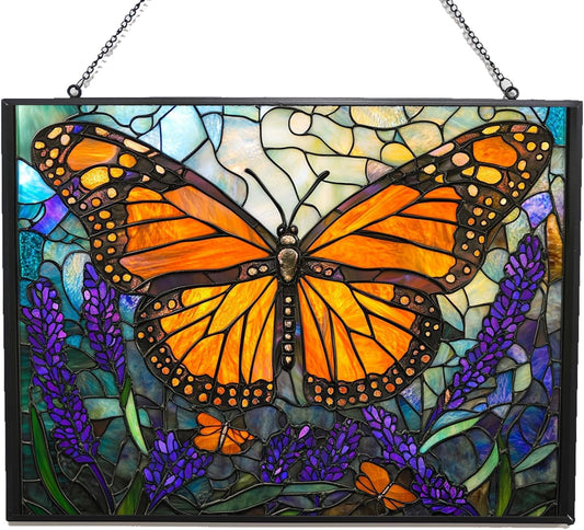 Personalized Rectangle Art Nouveau Monarch Over Lavender Stained Glass Suncatcher Stained Glass