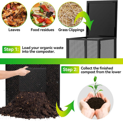 Compost Bin Outdoor - Large 93 Gallon Metal Perforated Sheet Compost Bucket with Rust-Proof Coating, Heavy-Duty & Easy Assembly, Fast Creation of Fertile Soil, for Garden, Kitchen & Yard Waste, Black