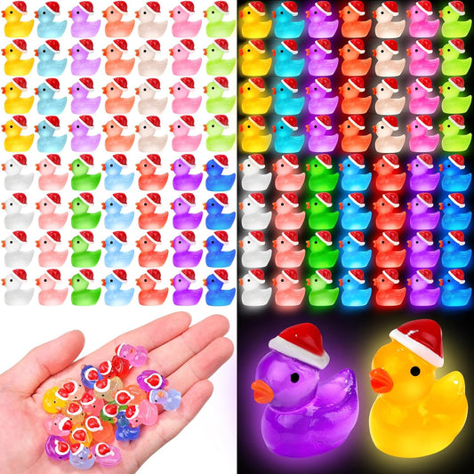 120Pcs Luminous Christmas Mini Resin Duck 14 Colors Glow in The Dark Small Duck Figurines for Miniature Christmas Decor Aquarium Ornament Dollhouse Decoration DIY Slime Craft Kit Birthday Party Favors