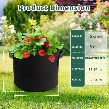5 Pack 5 Gallon Grow Bags, Thickened Aeration Nonwoven Fabric Plant Pots with Handles, Heavy Duty 300G Garden Planting Bag for Tomato, Potato, Strawberry, Vegetable, Fruits and Flowers