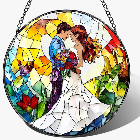 8'' Romantic Couple Wedding Sun Catcher Ornament, Stained Glass Window Hanging, Suncatchers for