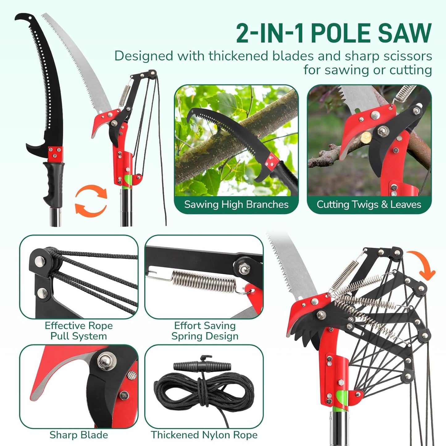 Outvita Manual Pole Saw, 24 Feet Extendable Tree Pruner with Knives and Storage Pocket, Sharp Steel Blade and Scissors High Branches Trimming for Pruning Palms and Shrubs(Green)