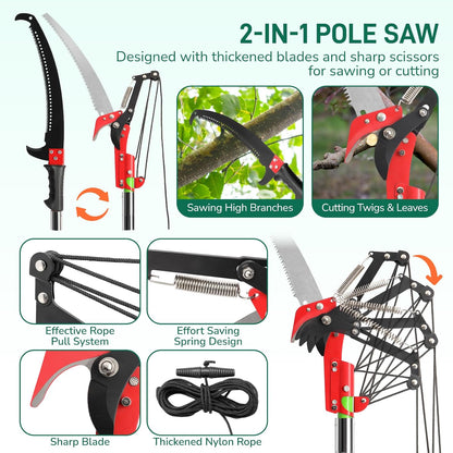 Outvita Manual Pole Saw, 26 Feet Extendable Tree Pruner with Knives and Storage Pocket, Sharp Steel Blade and Scissors High Branches Trimming for Pruning Palms and Shrubs