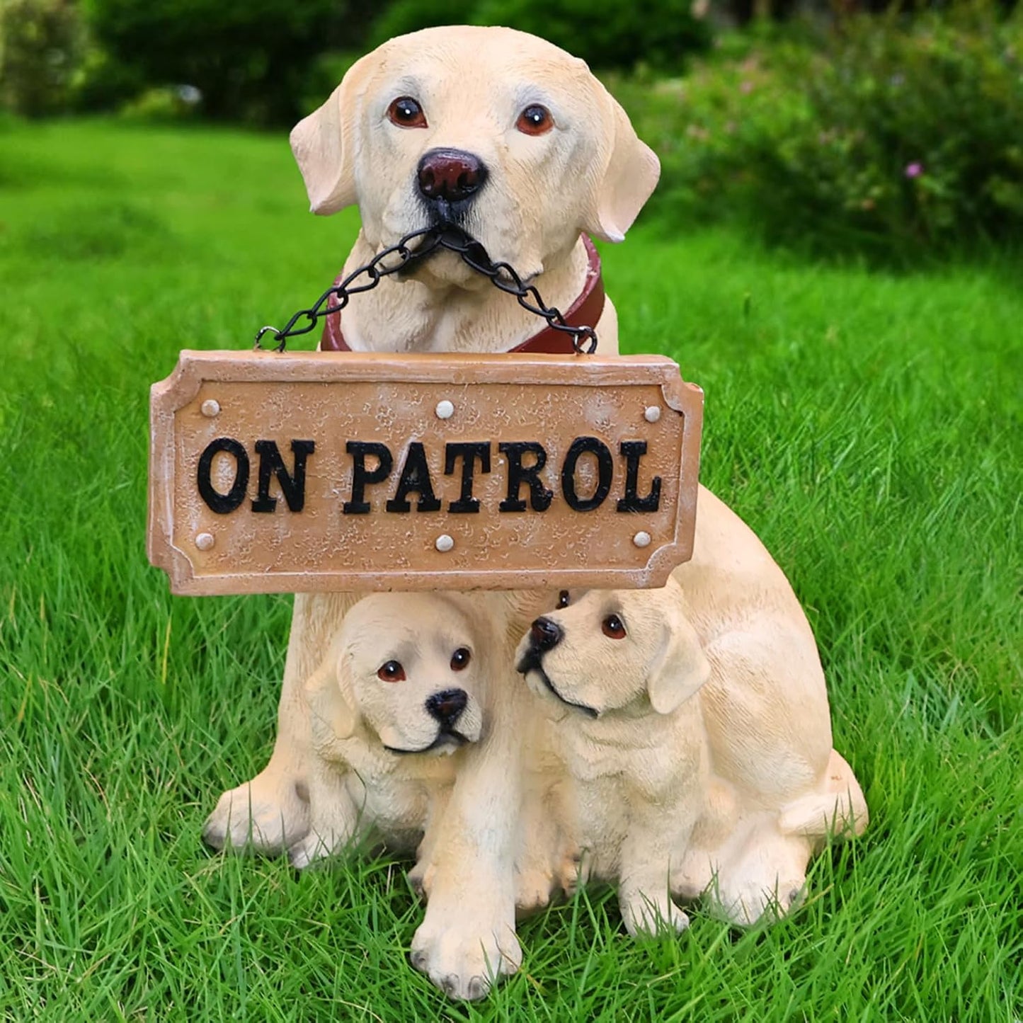 Labrador Retriever Outdoor Dog Family Statue with Reversible “Welcome/ON Patrol” Hanging Plaque and Solar Lantern, Yellow Mom with Two Puppies, Sitting Yard Greeter