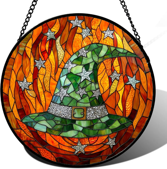 Stained Glass Window Hanging - Halloween Decorations Witch Hat Suncatcher for Doors Garden Indoor