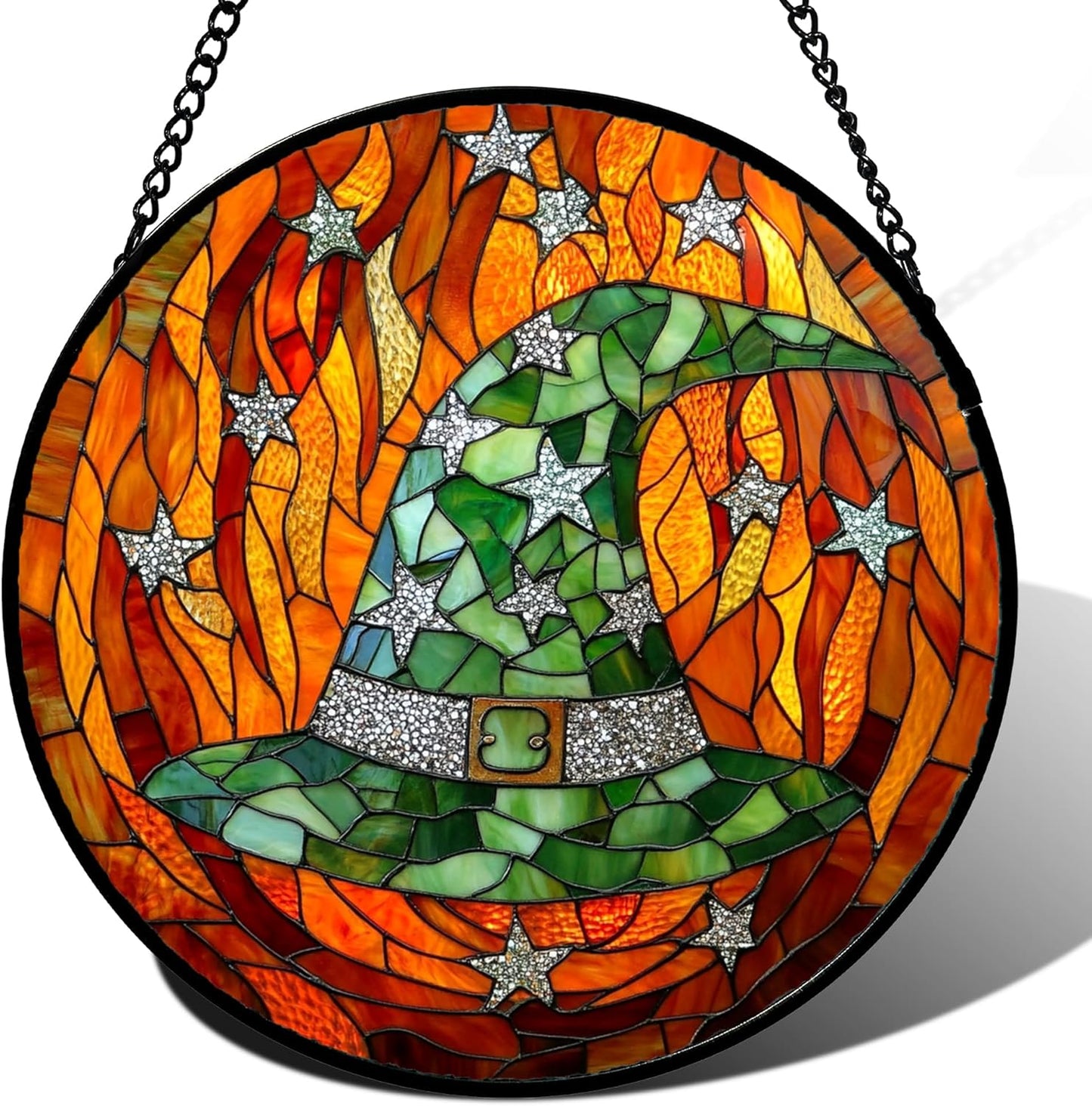 Stained Glass Window Hanging - Halloween Decorations Witch Hat Suncatcher for Doors Garden Indoor Spooky Funny Green Sun Catchers Gothic Decor Horror Gifts for Women Men Friend 9.8 in