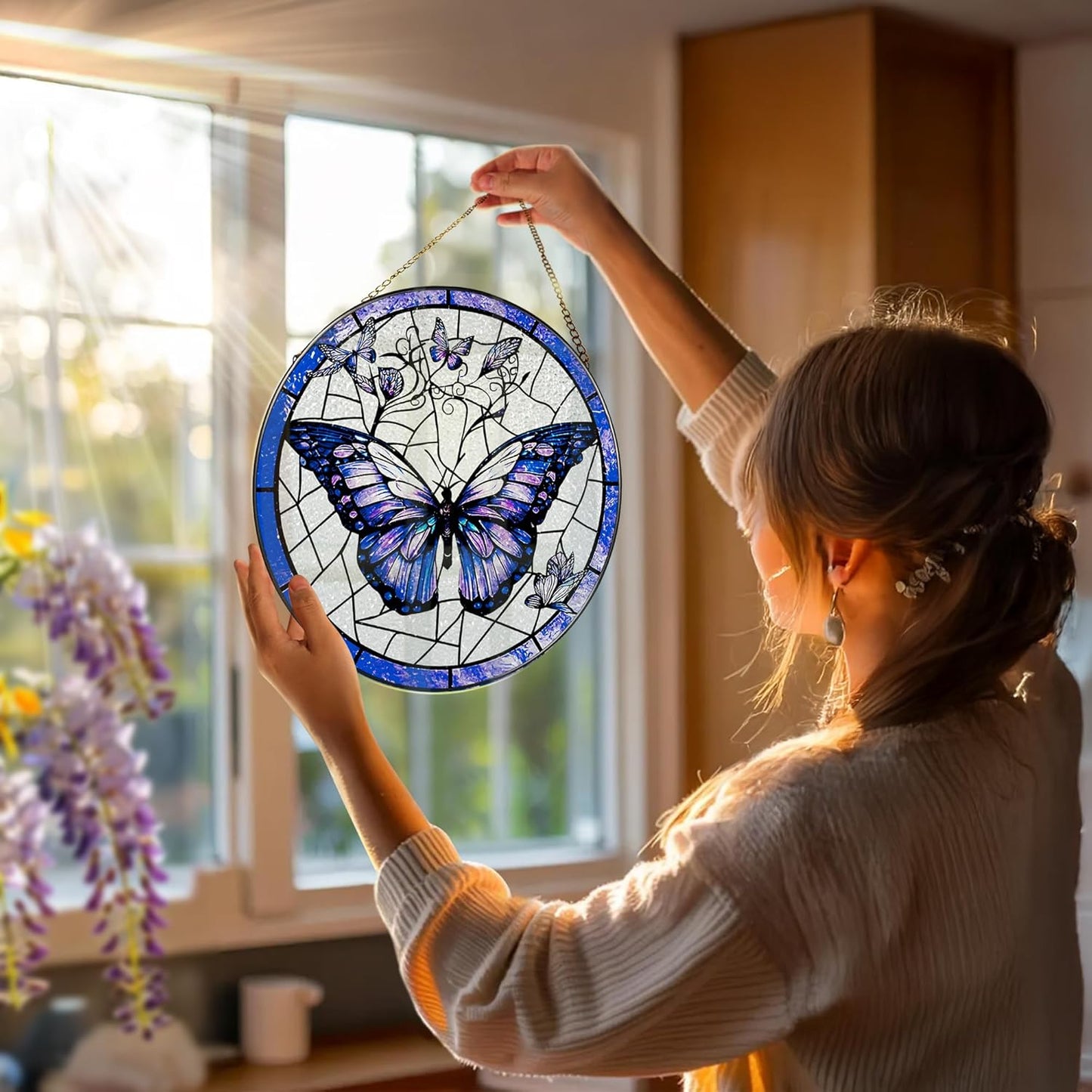 Stained Glass Window Hanging, 8 Inch Purple Butterfly Stained Glass Suncatcher, Butterfly Light Catcher, Window Hanging Decor, Gifts for Mother's Day, Christmas, Birthday, Gifts for Women Mom Grandma