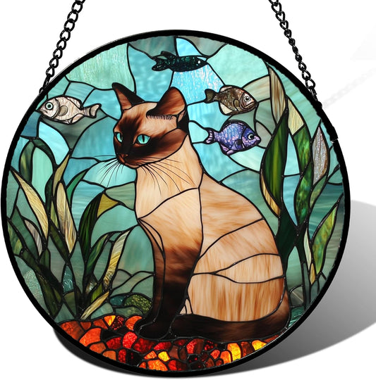 Stained Glass Window Hanging Cat Fish Plants 7.8" - Suncatcher Door Garden Sunroom Sun Catcher Home