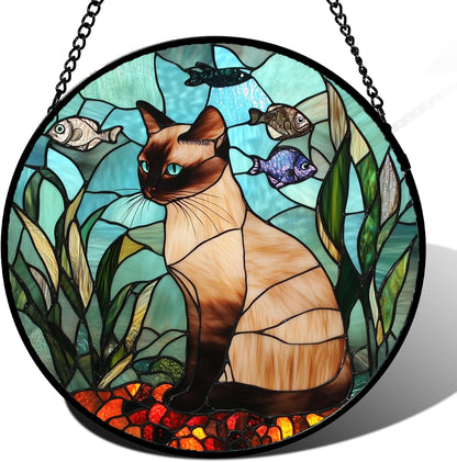 Stained Glass Window Hanging Cat Fish Plants Large 15" - Suncatcher Door Garden Sunroom Sun Catcher Home Decor Birthday Christmas for Lost Pets Cat Lovers Mom Men Woman