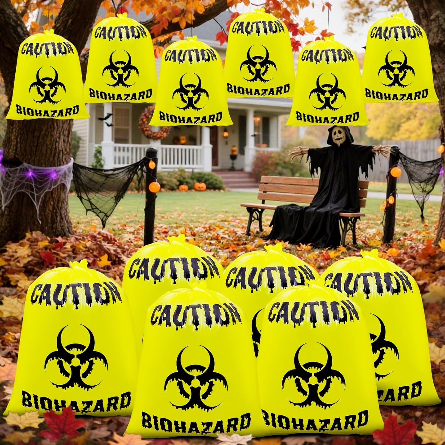 12 Pcs Large Halloween Leaf Bags Biohazard Halloween Decorations Halloween Trash Bags for Leaves Plastic Yard Lawn Waste Bag Scientist Biohazard Bag Outdoor Biohazard Zombie Party Decorations (Yellow)
