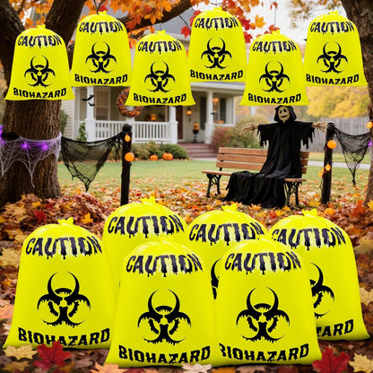 12 Pcs Large Halloween Leaf Bags Biohazard Halloween Decorations Halloween Trash Bags for Leaves Plastic Yard Lawn Waste Bag Scientist Biohazard Bag Outdoor Biohazard Zombie Party Decorations (Yellow)