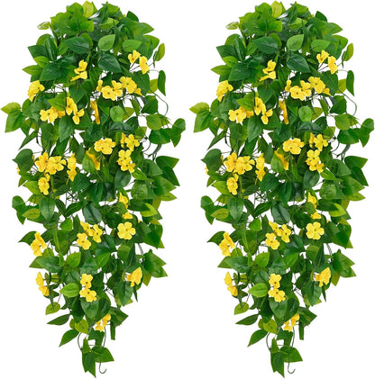 BLEUM CADE Artificial Hanging Flowers for Outdoors, 2pcs Fake Hanging Plants Pothos Vines with Yellow Flowers for Wall Home Living Room Indoor Outdoor Decor (No Baskets)