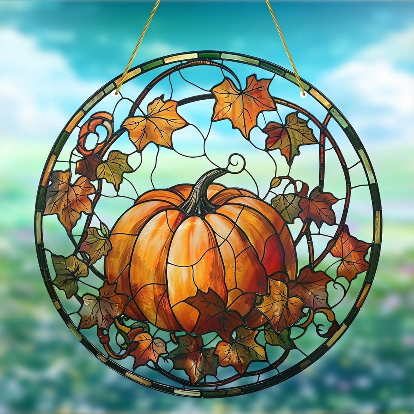 Halloween Suncatcher for Window Hanging Pumpkin Maple Leaves Designs Fall Acrylic Sun Catchers Horror Round Ornament Glass Decoration for Thanksgiving Garden Home Party Supplies 7.87inch